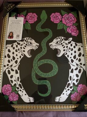 NWT Sapna Shah White  Leopard w/Black Spots & Snake Art Print with Pink Roses